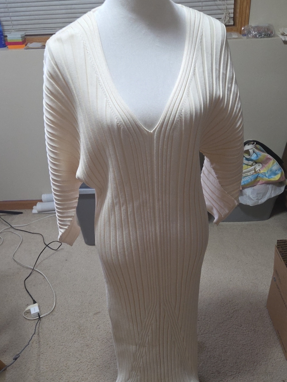 Anthropologie Cream Ribbed V-Neck Maxi Dress